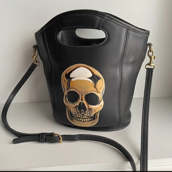 Coach Black Leather Gold Skull Skeleton Shopper Tote 9993 Bag Crossbody handbag - Picture 2 of 16